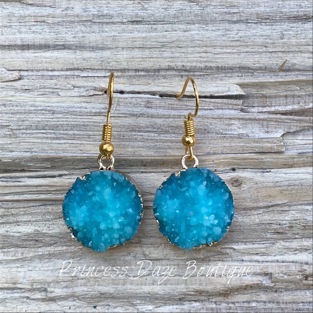 Gold Blue Druzy‎ Stone Dangle Earrings